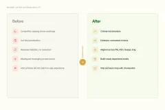 Side-by-side comparison of decision quality before (opinion-driven, scattered) and after (criteria-led, aligned) the decision loop