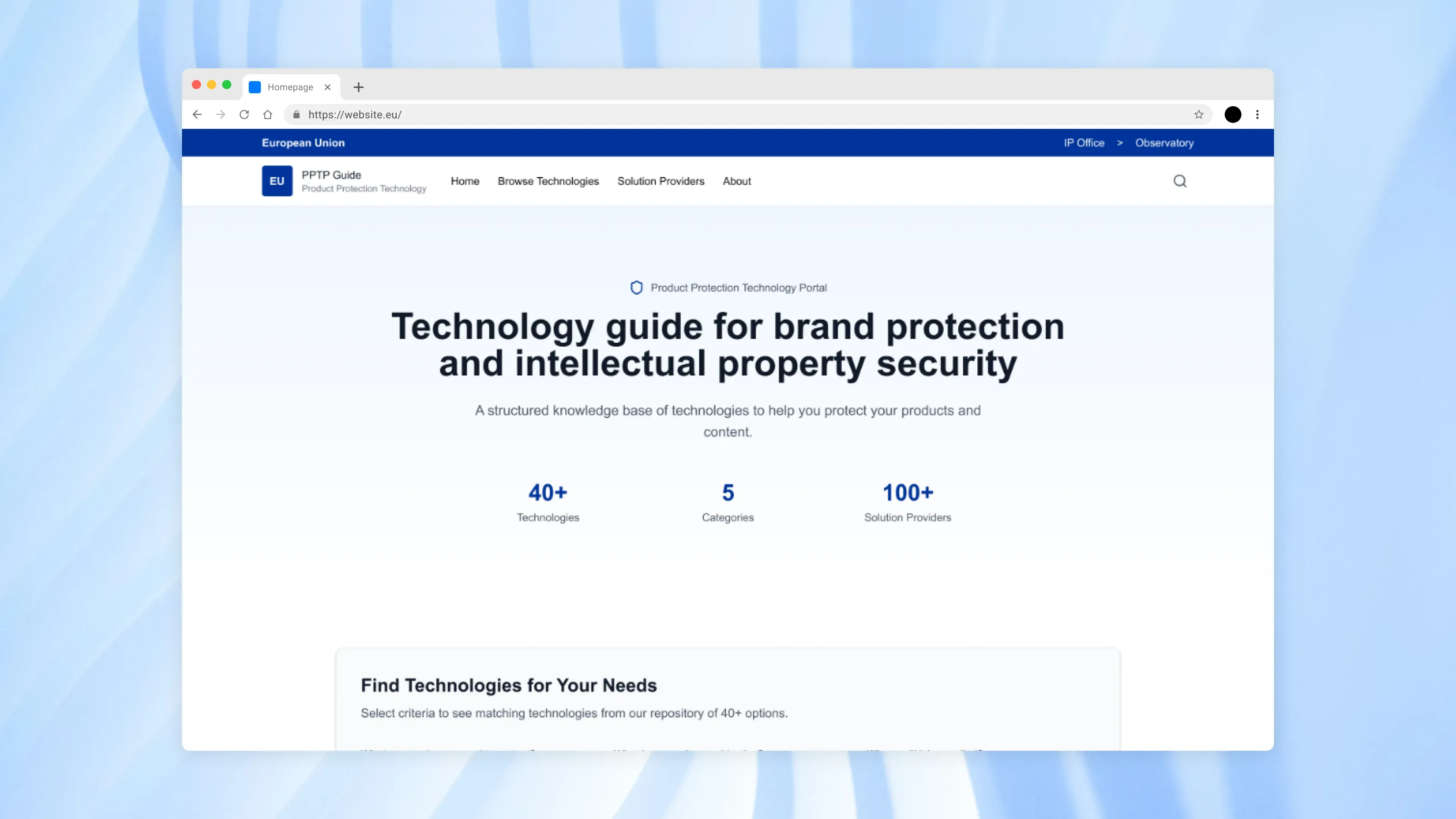 Redesigned homepage of the technology guide shown in a desktop browser, with navigation, a headline about brand protection and intellectual property security, key stats, and a guided entry point for finding technologies