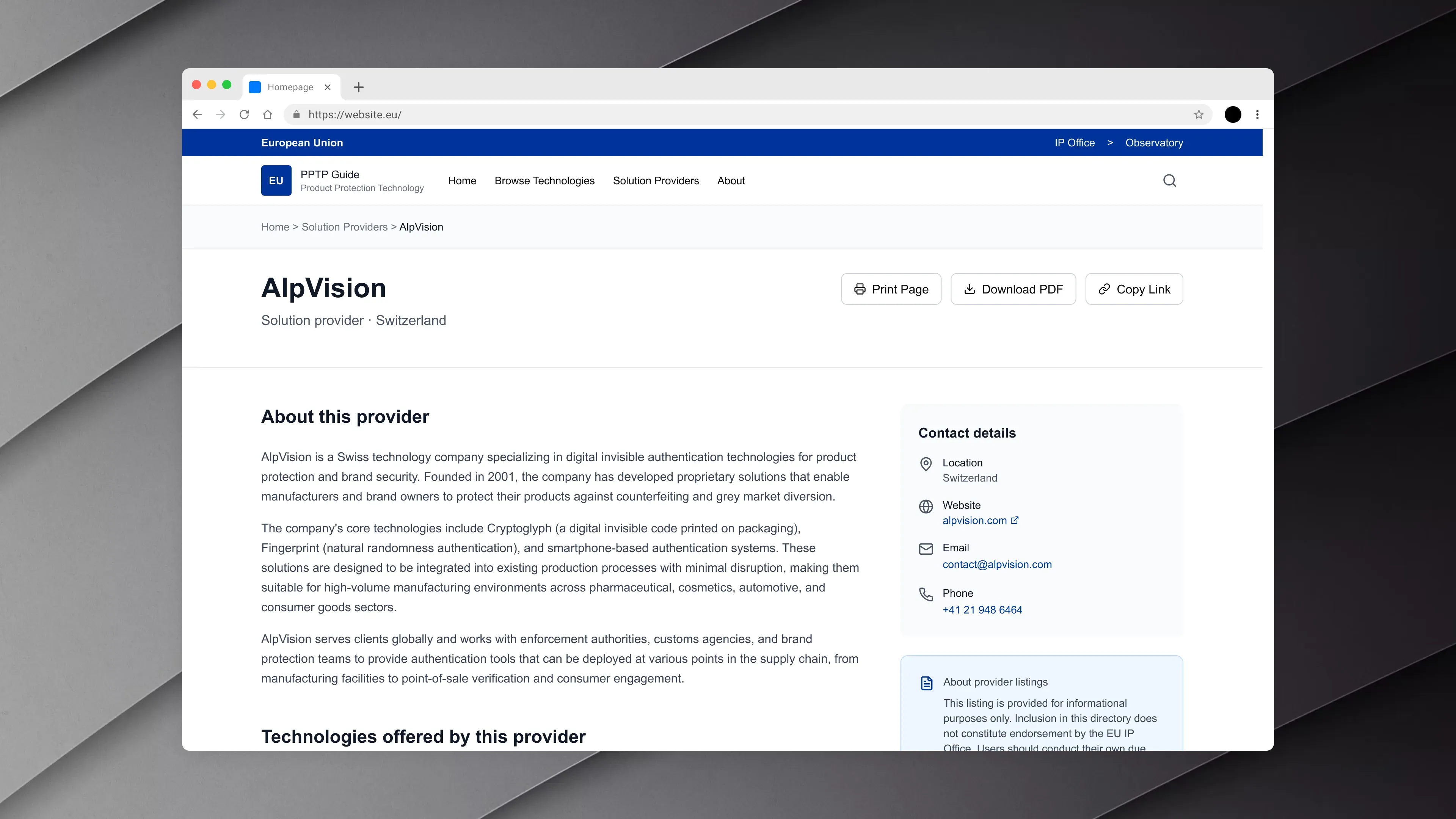 Solution provider detail page in a desktop browser, showing breadcrumb navigation, provider profile with contact details, and action buttons for printing, PDF download, and link sharing