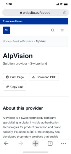 The same solution provider page on mobile, showing the breadcrumb, stacked action buttons, and provider description adapted to a narrow viewport