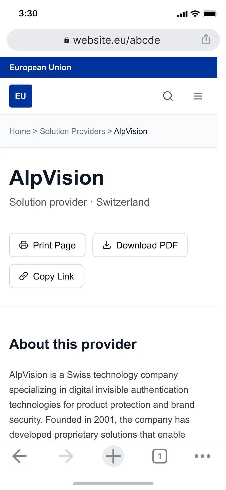 The same solution provider page on mobile, showing the breadcrumb, stacked action buttons, and provider description adapted to a narrow viewport