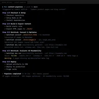 GitHub Actions pipeline output showing BatchLab processing steps with timing and quality scores