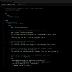 GitHub Actions YAML configuration showing BatchLab commands integrated into a CI/CD content pipeline