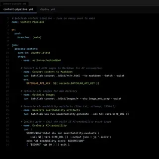 GitHub Actions YAML configuration showing BatchLab commands integrated into a CI/CD content pipeline