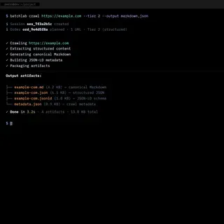 Terminal showing a batchlab crawl command returning structured artifacts from a URL