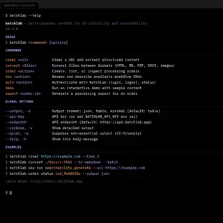 Terminal showing batchlab help screen with available commands, global options, and usage examples