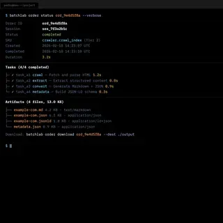 Terminal showing detailed order status with task breakdown, artifact listing, and download instructions