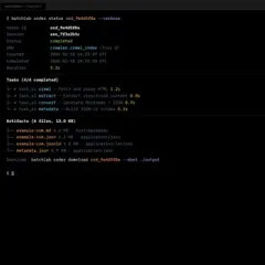 Terminal showing detailed order status with task breakdown, artifact listing, and download instructions