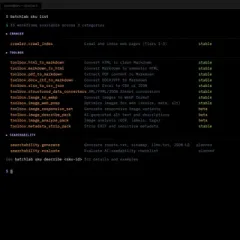 Terminal showing the SKU catalog with 15 workflow types and plain-text status indicators across three categories