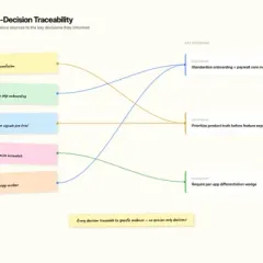 Thread diagram connecting five evidence sources to three key portfolio decisions, showing decision traceability