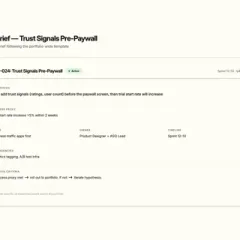Filled-in experiment brief template showing hypothesis, success proxy, scope, owner, timeline, and decision criteria