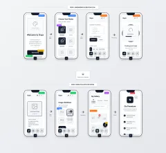 Goya AI image generator app wireframes showing the full user journey across 8 screens, from onboarding and style selection through prompt input, generation, results, variations, gallery, and subscription paywall