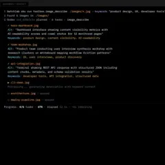 Terminal showing BatchLab generating SEO-optimized alt text descriptions for a batch of images