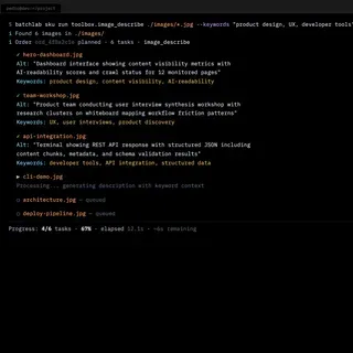 Terminal showing BatchLab generating SEO-optimized alt text descriptions for a batch of images