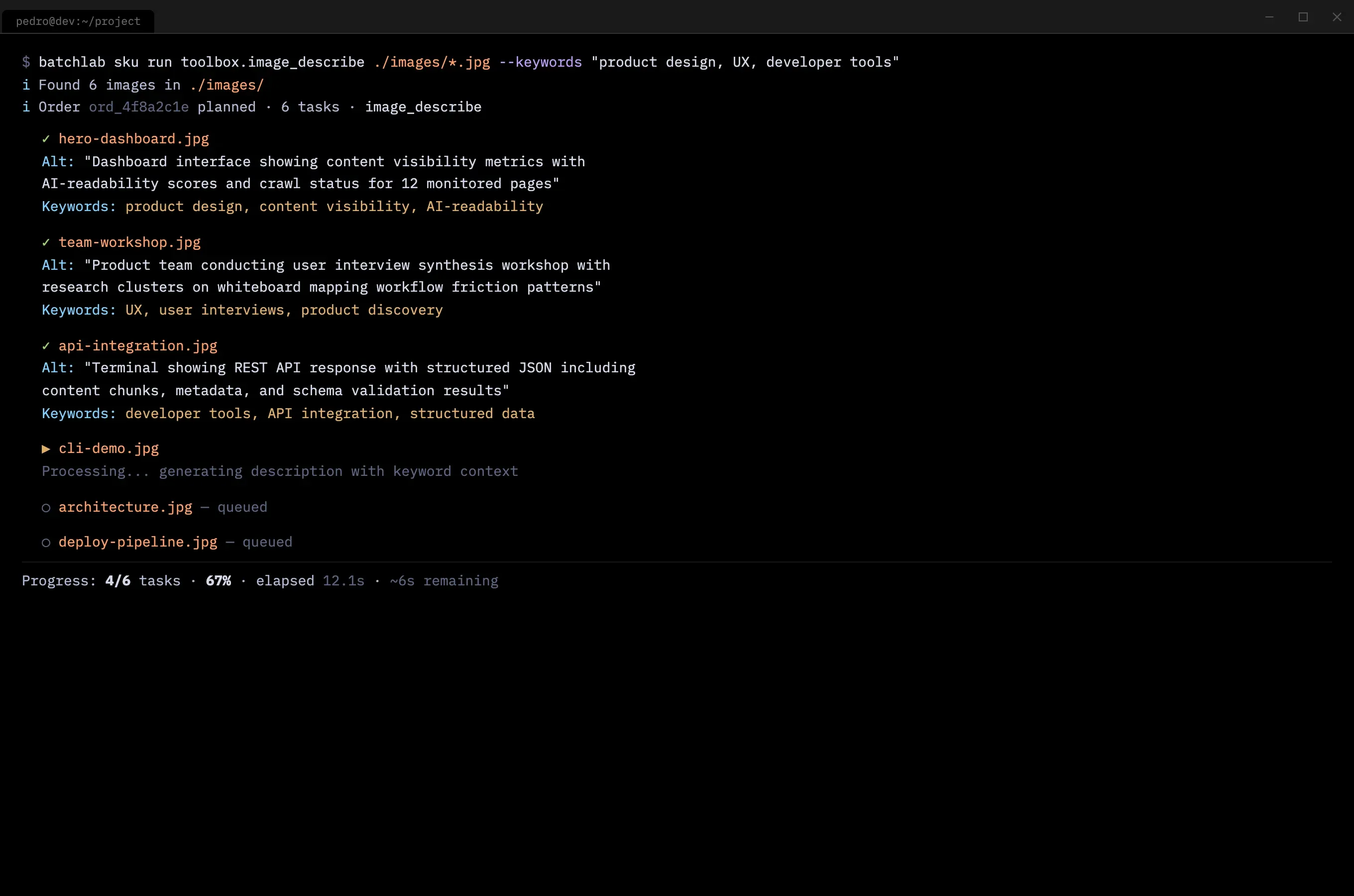 Terminal showing BatchLab generating alt text descriptions with contextual SEO keywords for a batch of images