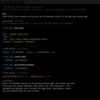Claude Code MCP session showing an AI agent using BatchLab tools to crawl a page and return structured Markdown
