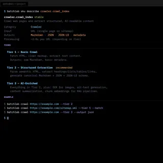 Terminal showing crawler SKU detail with tier descriptions and usage examples