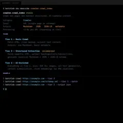 Terminal showing crawler SKU detail with tier descriptions and usage examples