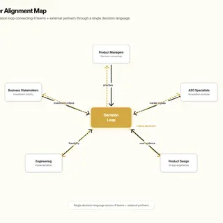 Hub-and-spoke collaboration diagram with the decision loop at center connecting PM, ASO, Design, Engineering, and Business stakeholders