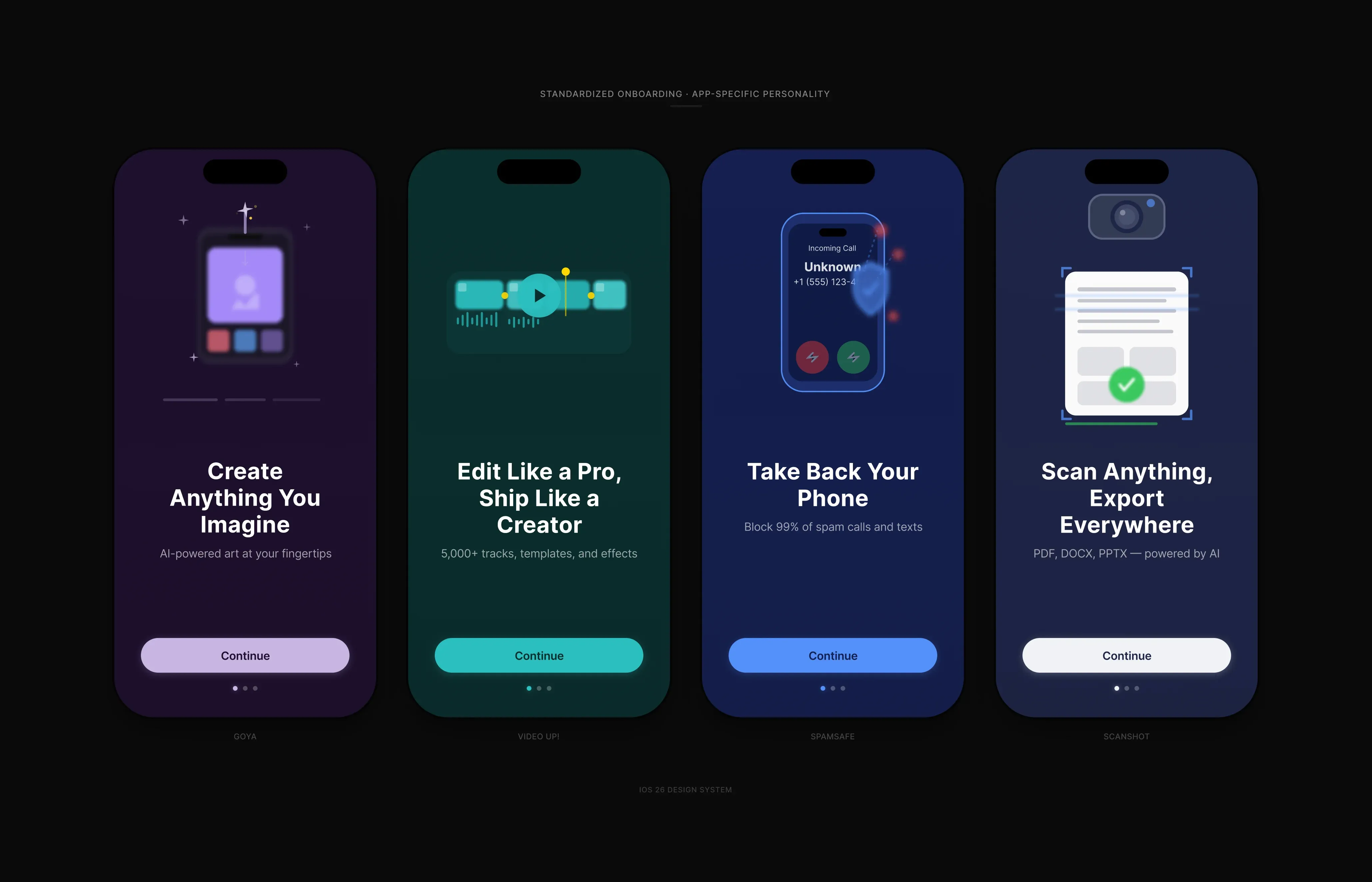 Standardized onboarding first screens across four portfolio apps showing consistent layout structure with per-app brand personality and illustration